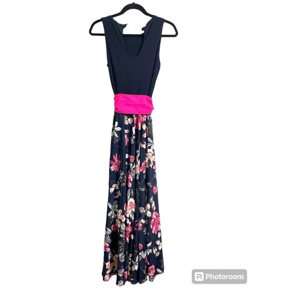 ELIZA J. Maxi Dress Sleeveless Belted Floral Gown in Navy Pink size 4 - Picture 3 of 14